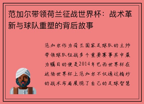 范加尔带领荷兰征战世界杯：战术革新与球队重塑的背后故事