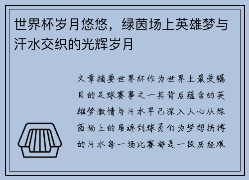 世界杯岁月悠悠，绿茵场上英雄梦与汗水交织的光辉岁月