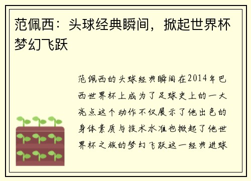 范佩西：头球经典瞬间，掀起世界杯梦幻飞跃
